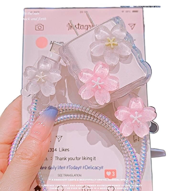 20W Charger Head and Cable End Protector Set with Cute Style in White with Decorative Design Anti Bend Protection and Daily Cable Care - Lilac Ribbon - Image 4