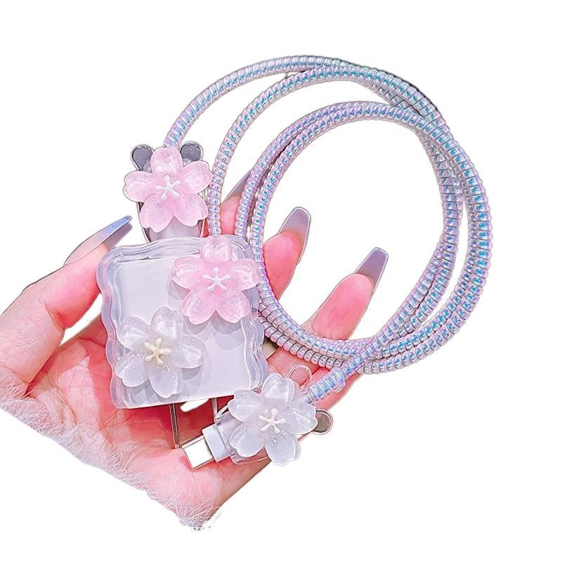 20W Charger Head and Cable End Protector Set with Cute Style in White with Decorative Design Anti Bend Protection and Daily Cable Care - Lilac Ribbon - Image 1