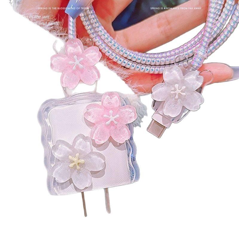 20W Charger Head and Cable End Protector Set with Cute Style in White with Decorative Design Anti Bend Protection and Daily Cable Care - Lilac Ribbon - Image 5