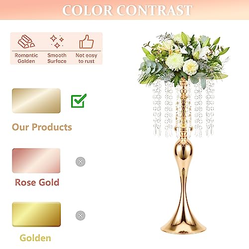 LANLONG Wedding Centerpieces for Tables - Gold Flower Vases for Centerpieces, 2Pcs Tall Metal Flower Vases with Chandelier Crystal, 21.3in Flower Stand for Wedding Reception Birthday Party Events Home Decor - Image 3