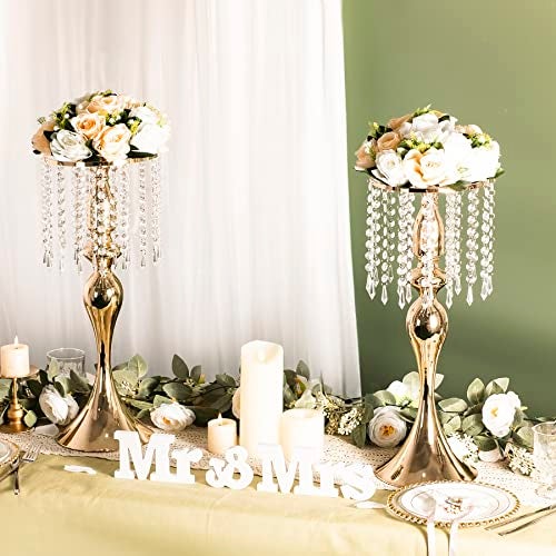LANLONG Wedding Centerpieces for Tables - Gold Flower Vases for Centerpieces, 2Pcs Tall Metal Flower Vases with Chandelier Crystal, 21.3in Flower Stand for Wedding Reception Birthday Party Events Home Decor - Image 4