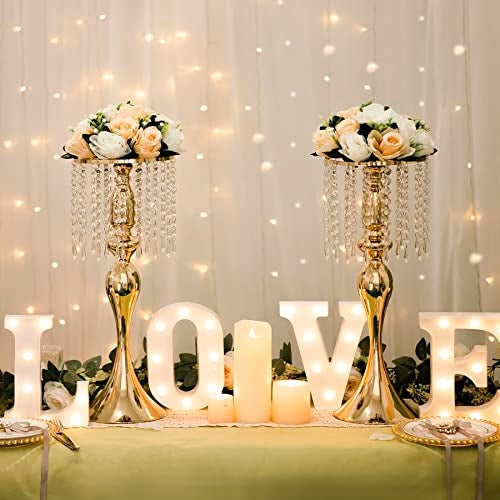 LANLONG Wedding Centerpieces for Tables - Gold Flower Vases for Centerpieces, 2Pcs Tall Metal Flower Vases with Chandelier Crystal, 21.3in Flower Stand for Wedding Reception Birthday Party Events Home Decor - Image 2