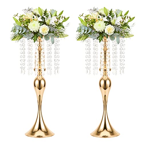 LANLONG Wedding Centerpieces for Tables - Gold Flower Vases for Centerpieces, 2Pcs Tall Metal Flower Vases with Chandelier Crystal, 21.3in Flower Stand for Wedding Reception Birthday Party Events Home Decor - Image 1