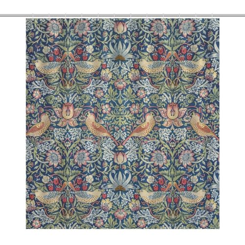 SXXLDNG Vintage William Morris Shower Curtain Original Design Strawberry Thief Green Shower Curtain Set for Bathroom Heavy Duty Fabric Upholstery Waterable Shower Curtain Hook 72x72in - Image 1