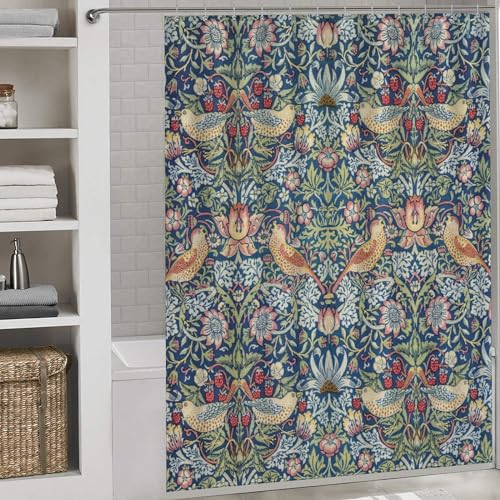 SXXLDNG Vintage William Morris Shower Curtain Original Design Strawberry Thief Green Shower Curtain Set for Bathroom Heavy Duty Fabric Upholstery Waterable Shower Curtain Hook 72x72in - Image 3