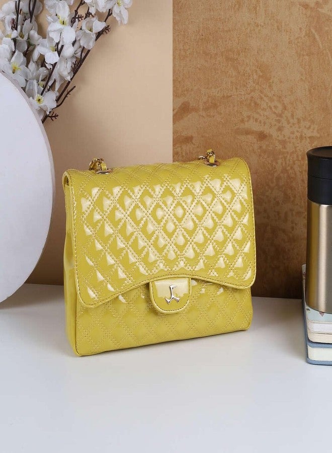Mochi Women Yellow Quilted Faux Leather Sling Bag with Premium Metal Chain (66-436) - Image 2