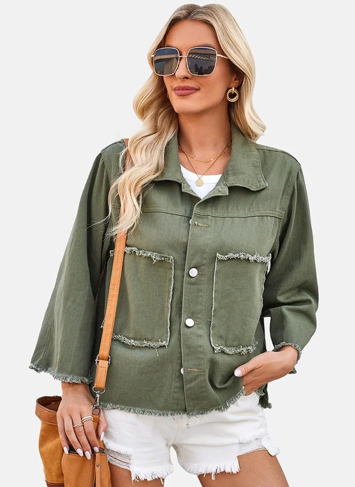 YUNIQEE Green Plain Regular Fit Long Sleeve Denim Jacket
