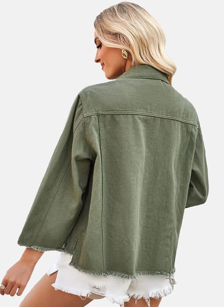 YUNIQEE Green Plain Regular Fit Long Sleeve Denim Jacket