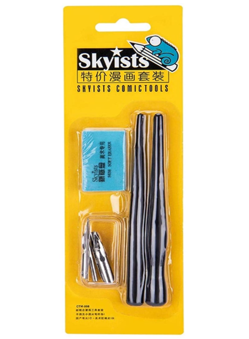 Skyists طقم أقلام غمس احترافية لرسم المانجا والكوميكس من سكايستس (CTM-008) - 5 سنون مختلفة، 2 حامل أقلام، وممحاة فنية - Image 1