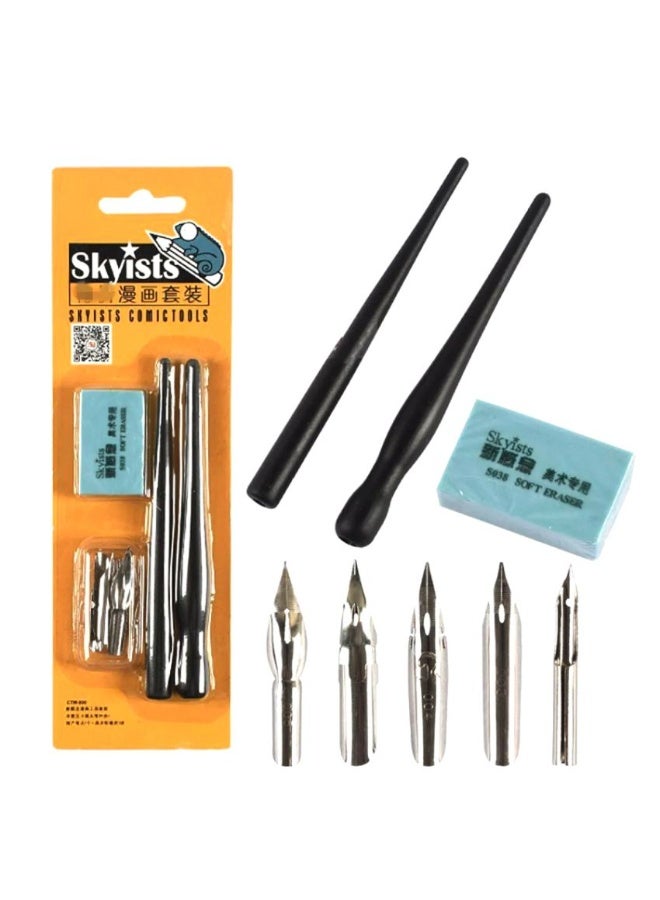 Skyists طقم أقلام غمس احترافية لرسم المانجا والكوميكس من سكايستس (CTM-008) - 5 سنون مختلفة، 2 حامل أقلام، وممحاة فنية - Image 3
