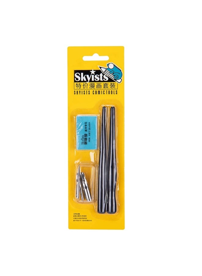 Skyists طقم أقلام غمس احترافية لرسم المانجا والكوميكس من سكايستس (CTM-008) - 5 سنون مختلفة، 2 حامل أقلام، وممحاة فنية - Image 2