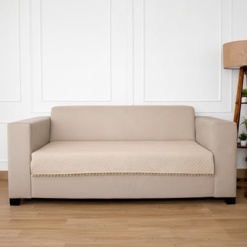 STITCHNEST 3 Seater Quilted Velvet Sofa Cover with Pom Pom | Elegant Beige Sofa Protector for Living Room | Soft, Washable | Perfect for Enhancing Living Room Interiors - Image 2
