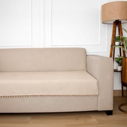 STITCHNEST 3 Seater Quilted Velvet Sofa Cover with Pom Pom | Elegant Beige Sofa Protector for Living Room | Soft, Washable | Perfect for Enhancing Living Room Interiors - Image 3