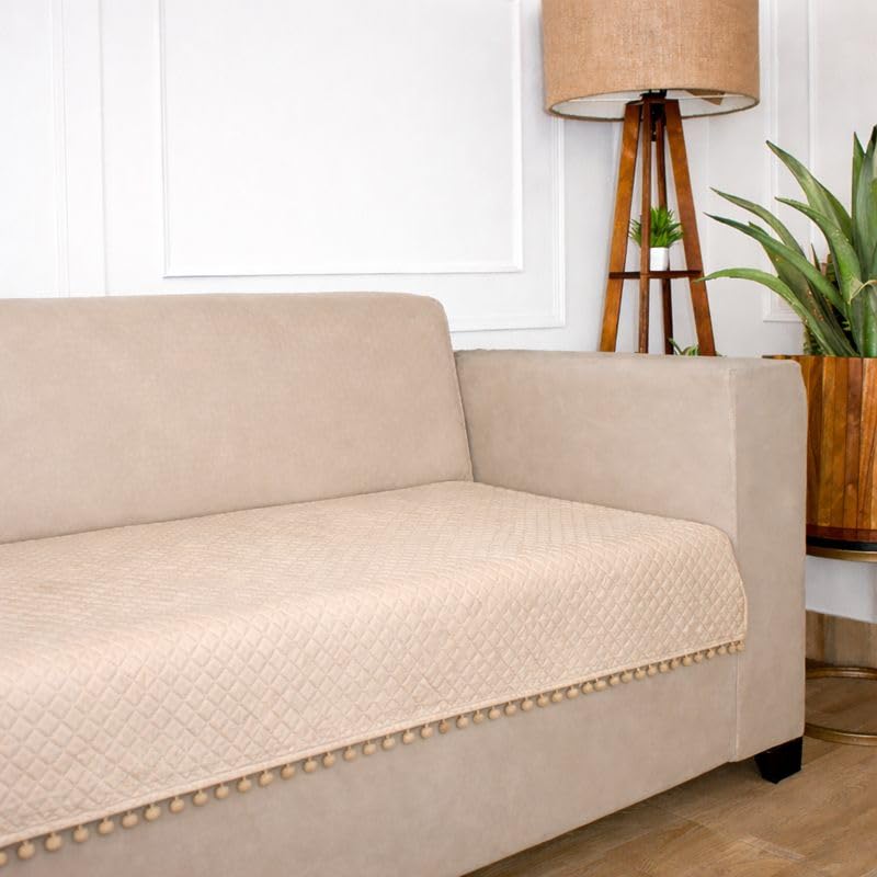 STITCHNEST 3 Seater Quilted Velvet Sofa Cover with Pom Pom | Elegant Beige Sofa Protector for Living Room | Soft, Washable | Perfect for Enhancing Living Room Interiors - Image 1