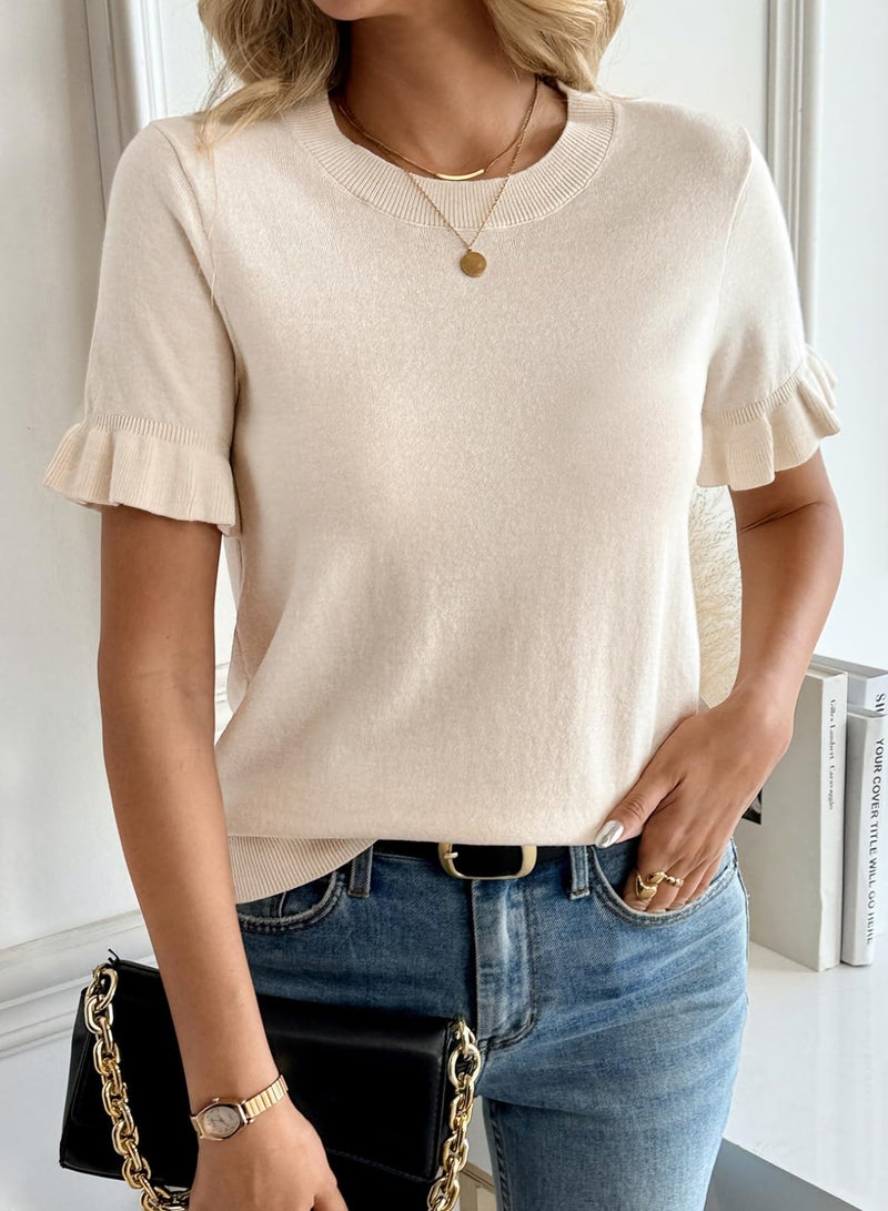 EVALESS Women's Sweaters Summer Tops Puffed Short Sleeve Causal Blouses Crew Neck Lightweight Knit Tops Loose Fit Pullover Jumper Soft Apricot Tunic Shirts Clothes Small - Image 4