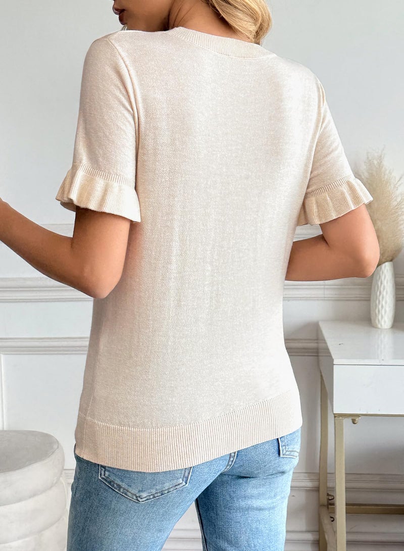 EVALESS Women's Sweaters Summer Tops Puffed Short Sleeve Causal Blouses Crew Neck Lightweight Knit Tops Loose Fit Pullover Jumper Soft Apricot Tunic Shirts Clothes Small - Image 5