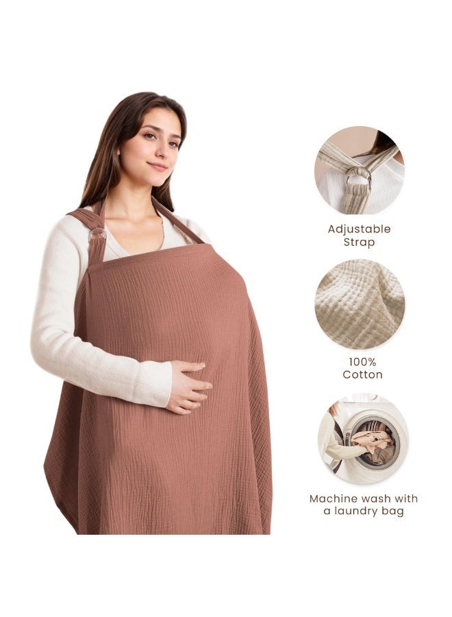 Konssy Muslin Nursing Cover for Baby Breastfeeding, Breathable 100% Cotton Breastfeeding Cover with Rigid Hoop for Mother Nursing Apron, Multi-use Carseat Canopy (Chestnut) - Image 4