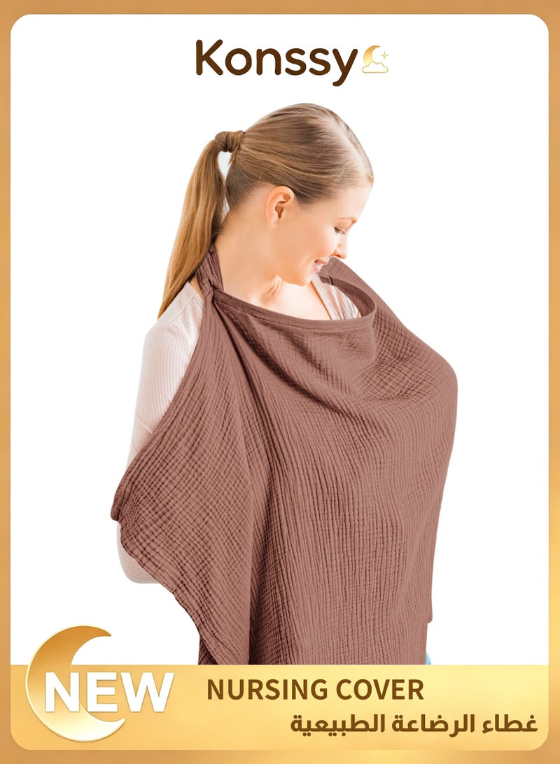 Konssy Muslin Nursing Cover for Baby Breastfeeding, Breathable 100% Cotton Breastfeeding Cover with Rigid Hoop for Mother Nursing Apron, Multi-use Carseat Canopy (Chestnut) - Image 1