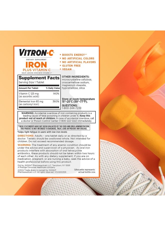 Vitron-C - Iron Supplement, Once Daily, High Potency Iron Plus Vitamin C, Dye Free Tablets, 60 Count - Image 1