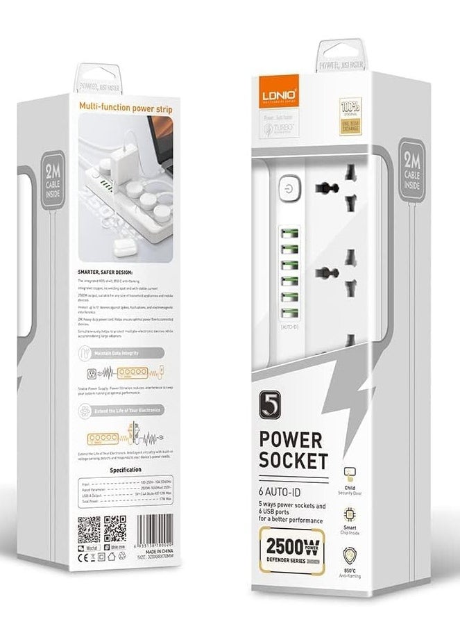 LDNIO LDNIO SC-5614 Surge Protector Power Strip with 5 AC Outlets and 6 USB Charging Ports, 2m Length for Home and Office - White  - Image 4