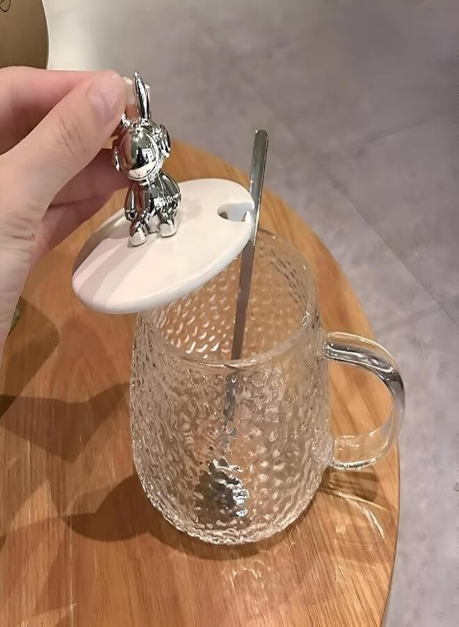 Spaceshoop Cute Bear Shaped Glass Mug with Lid and Spoon 300ml - Perfect for enjoying milk, juices, chocolate, iced coffee, Best Product Supplier Elegant Home