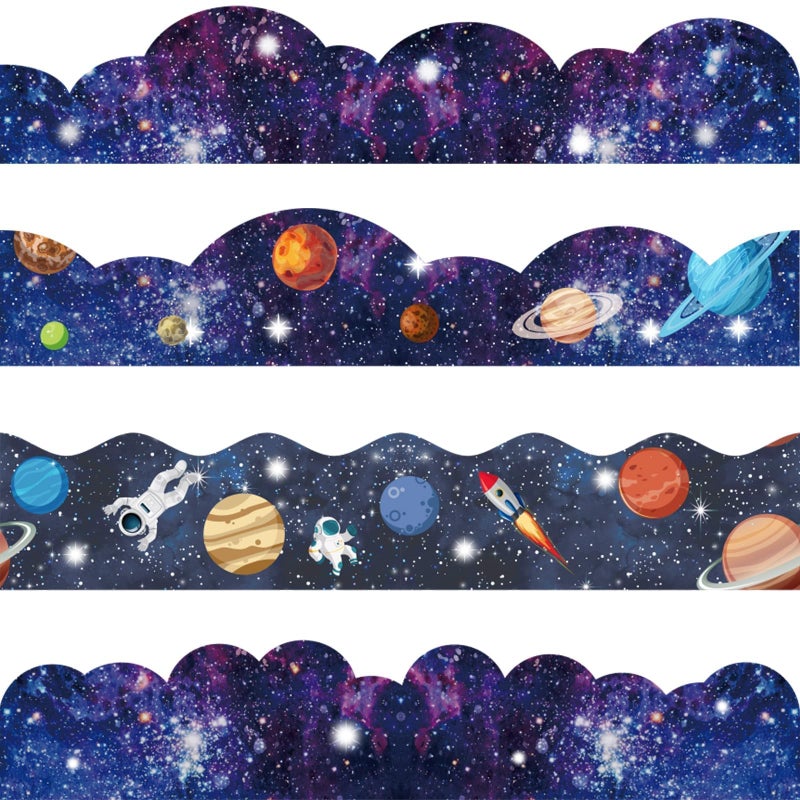 VABAMNA 120ft Bulletin Board Borders Decorations Outer Space Classroom Decor Galaxy Star Planet Astronaut Scalloped Border Trim for Teacher School Office Supplies Classroom Door Wall Decor 4 Patterns