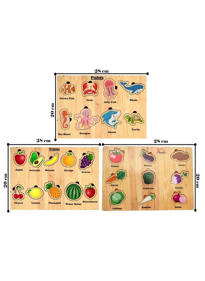 HomeCute Homecute Wooden Puzzle Educational Toy for Kids,Montessori Wooden Puzzles for Children,Learning Puzzle for Toddlers & Preschoolers,Toys for Boys and Girls (Pack of 3-Fishes,Fruits & Vegetables)  - Image 2