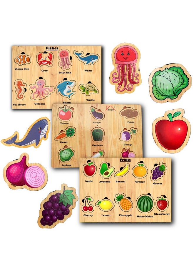 HomeCute Homecute Wooden Puzzle Educational Toy for Kids,Montessori Wooden Puzzles for Children,Learning Puzzle for Toddlers & Preschoolers,Toys for Boys and Girls (Pack of 3-Fishes,Fruits & Vegetables)  - Image 1