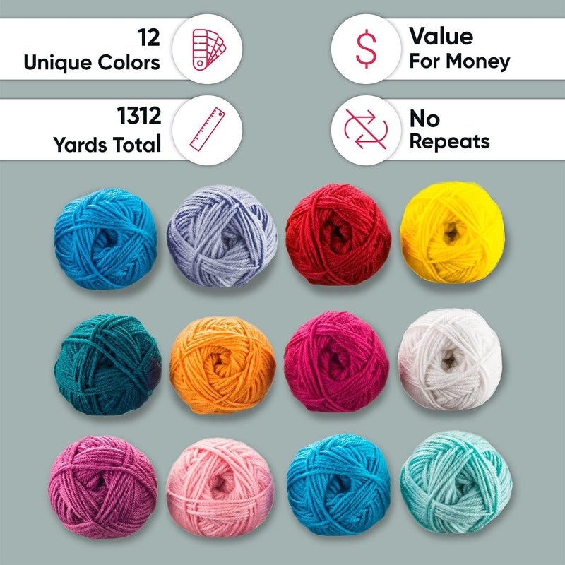 CRAFTISS 12x1.75 Oz Acrylic Yarn Skeins - 1300 Yards of Soft Yarn for Crocheting and Knitting Craft Project, Assorted Starter Crochet Bulk Kit for Adults and Kids - Image 5