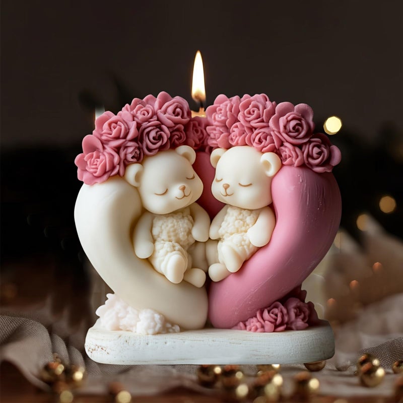 Japleed Flower Couple Bear Candle Molds, 3D Valentine's Day Silicone Molds Animal Epoxy Resin Concrete Gypsum Candle Soap Wax Mold, Unique Love Chocolate Cake Fondant Mold (Heart Rose Bear) - Image 2