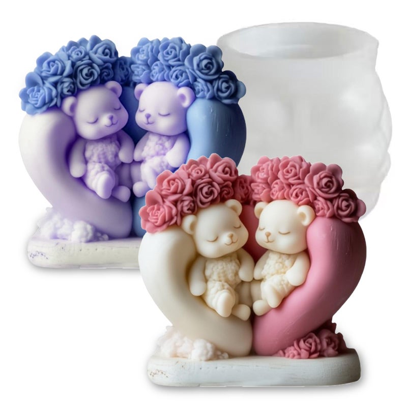Japleed Flower Couple Bear Candle Molds, 3D Valentine's Day Silicone Molds Animal Epoxy Resin Concrete Gypsum Candle Soap Wax Mold, Unique Love Chocolate Cake Fondant Mold (Heart Rose Bear) - Image 1