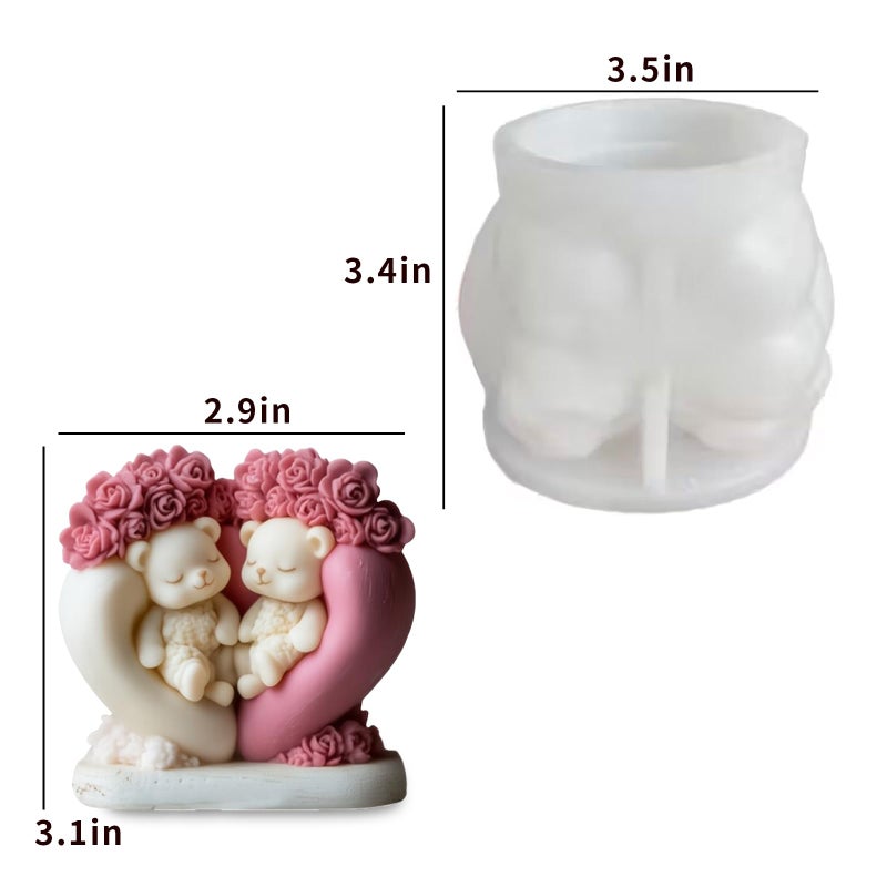 Japleed Flower Couple Bear Candle Molds, 3D Valentine's Day Silicone Molds Animal Epoxy Resin Concrete Gypsum Candle Soap Wax Mold, Unique Love Chocolate Cake Fondant Mold (Heart Rose Bear) - Image 3