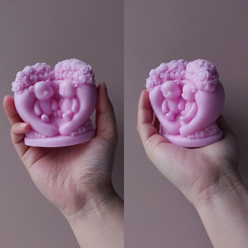 Japleed Flower Couple Bear Candle Molds, 3D Valentine's Day Silicone Molds Animal Epoxy Resin Concrete Gypsum Candle Soap Wax Mold, Unique Love Chocolate Cake Fondant Mold (Heart Rose Bear) - Image 4