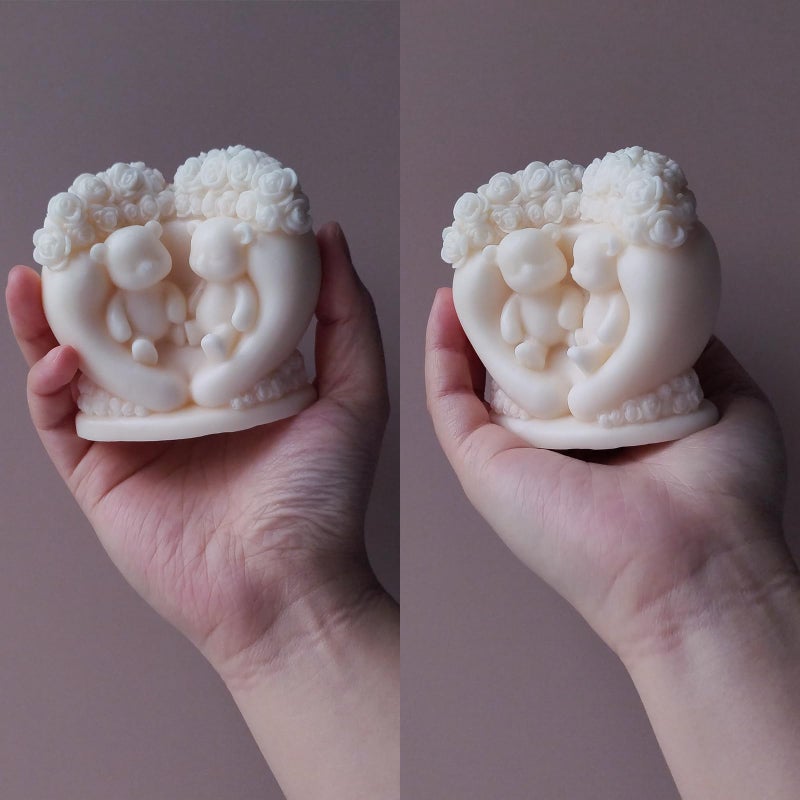 Japleed Flower Couple Bear Candle Molds, 3D Valentine's Day Silicone Molds Animal Epoxy Resin Concrete Gypsum Candle Soap Wax Mold, Unique Love Chocolate Cake Fondant Mold (Heart Rose Bear) - Image 5