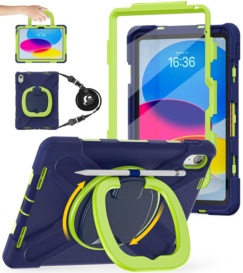 BATYUE Case for iPad (A16) 11th/10th Gen 11''/10.9'' 2025/2022 - Heavy Duty Shockproof Cover with 360° Rotating & 180° Folding Stand, Screen Protector, Shoulder Strap & Pencil Holder | NavyLime - Image 1