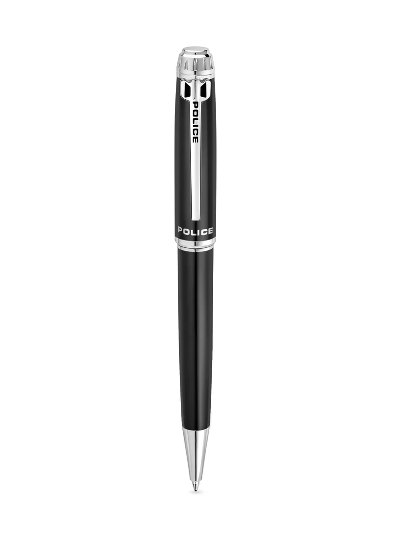 POLICE Aptos Black Stainless Steel Twisted Closure Pen with Silver Trims and Blue Ink