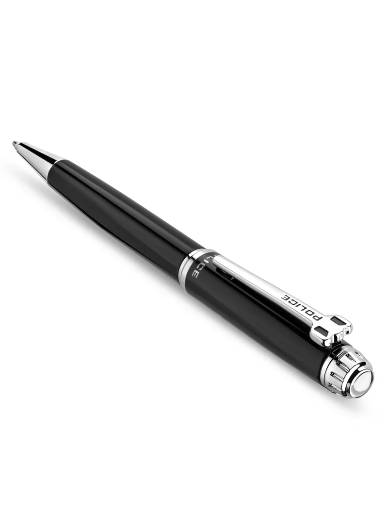 POLICE Aptos Black Stainless Steel Twisted Closure Pen with Silver Trims and Blue Ink