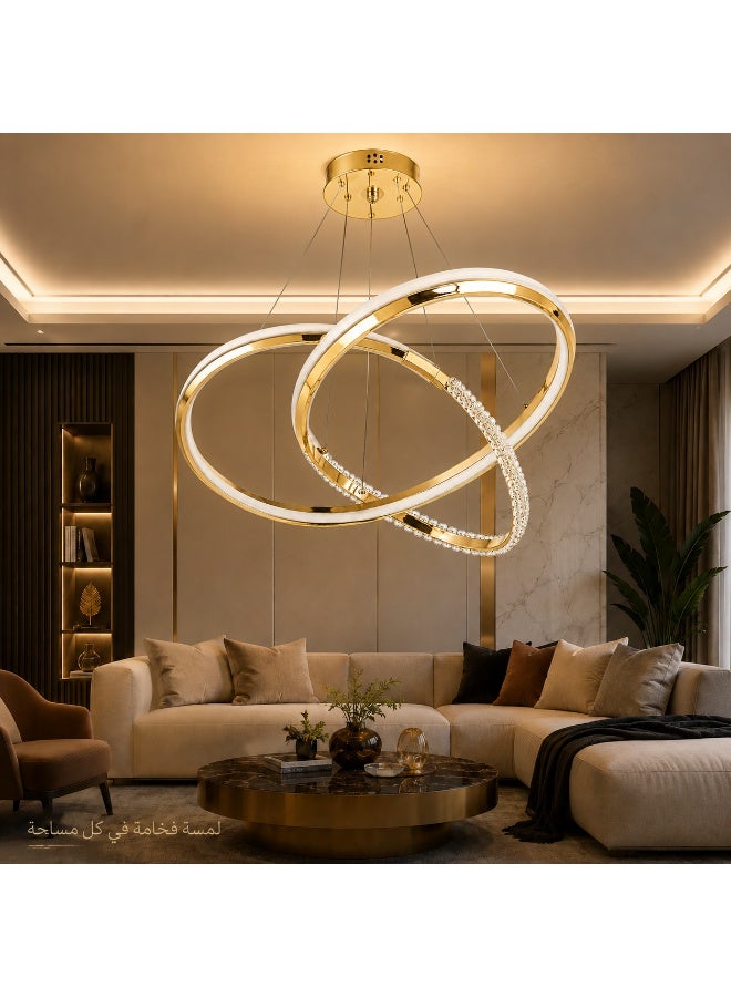 Modern gold LED  with interlocking circular rings and crystal accents, with remote control, suitable for reception areas and living rooms. - Image 1
