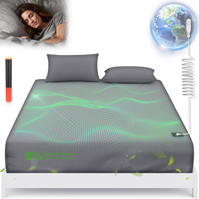GroundBam Grounding Sheet, Genuine 95% Organic Viscose Derived from Bamboo + 5% Pure Silver Fiber, Grounded Fitted Sheet Kit Earth Connected Bedding for Sleep (Queen, Gray) - Image 1