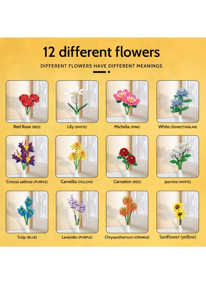 Bricks Flower Bouquet Building Sets（Not Included Vase ）, Artificial Flowers Building Kits, Flower Building Blocks for Kids 6+Years - Image 3