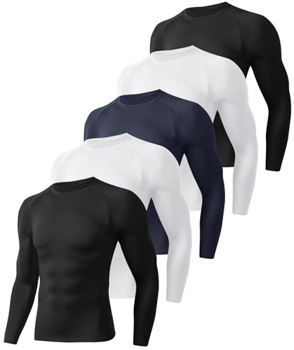 BOOJO 5 Pack Long Sleeve Compression Shirts for Men - Black Quick Dry Workout Base Layer Undershirt Top for Athletic Gym Running - Image 1