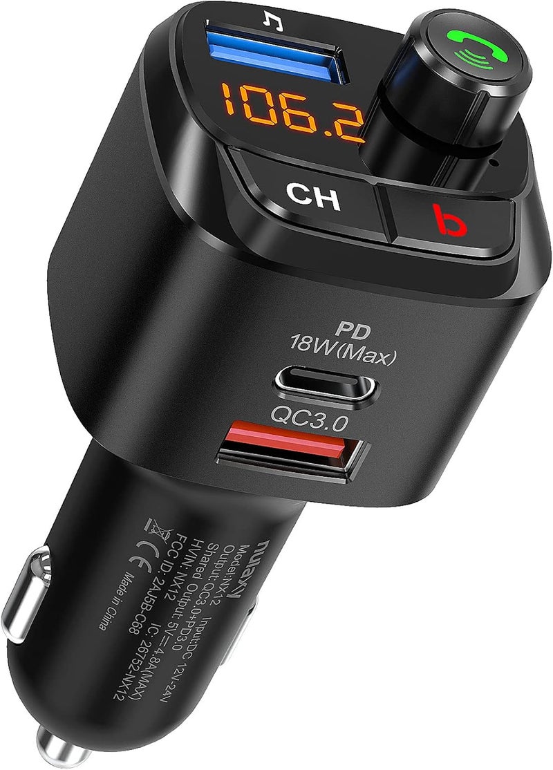 nulaxy جهاز إرسال FM بلوتوث 5.0 للسيارة، QC3.0 و USB-C PD 18W، محول راديو بلوتوث لاسلكي، مشغل موسيقى، مجموعة السيارة مع معزز الباس، مكالمات بدون استخدام اليدين - NX12 - Image 1