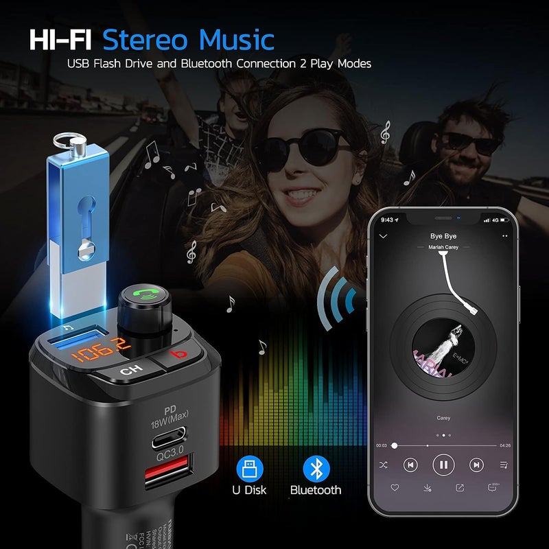 nulaxy جهاز إرسال FM بلوتوث 5.0 للسيارة، QC3.0 و USB-C PD 18W، محول راديو بلوتوث لاسلكي، مشغل موسيقى، مجموعة السيارة مع معزز الباس، مكالمات بدون استخدام اليدين - NX12 - Image 4