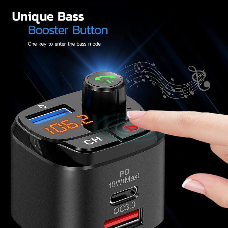 nulaxy جهاز إرسال FM بلوتوث 5.0 للسيارة، QC3.0 و USB-C PD 18W، محول راديو بلوتوث لاسلكي، مشغل موسيقى، مجموعة السيارة مع معزز الباس، مكالمات بدون استخدام اليدين - NX12 - Image 3