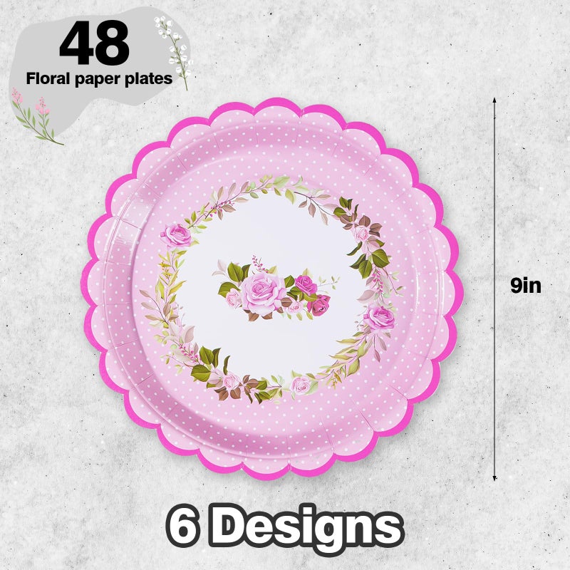 Tyzarglef 48 PCS Floral Paper Plates for Tea Party Decorations  9 inch Disposable party plates for Bridal Shower  Garden Party  Wedding  Mother's Day Afternoon Tea Party - Image 1