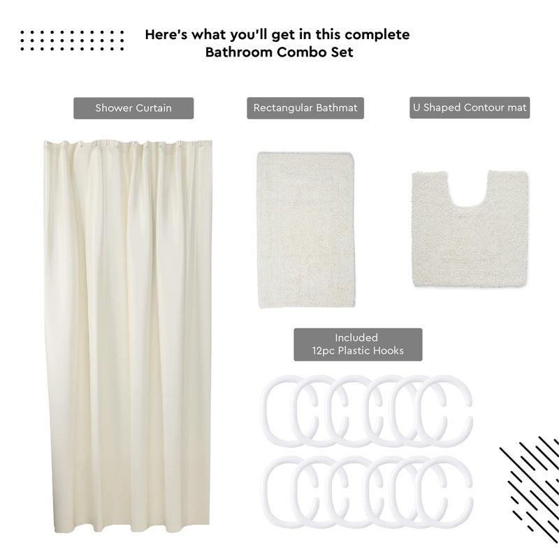 Encasa XO مجموعة حمام إنكاسا XO | ستارة دش مقاومة للماء 7 قدم - (183x213 سم)، 12 خطاف متضمن مع سجادة حمام قطنية مضادة للانزلاق (80x50 سم) وسجادات كونتور على شكل U (45x45 سم) | مجموعة ZZ كريمي - Image 3
