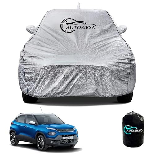 AUTOBIRSA Waterproof Car Body Cover for Tata Punch with Mirror and Antenna Pocket and Soft Cotton Lining (4 Side Elastic Triple Stitched & Metallic Silver with Black Piping Style) - Image 1