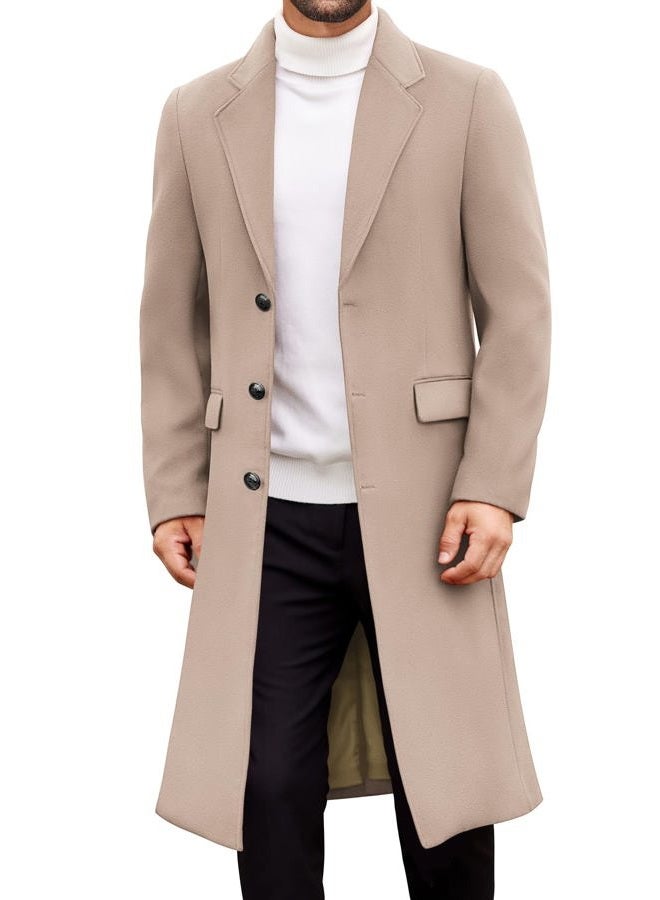 COOFANDY Mens Trench Coat Long Casual Single Brested Overcoat Winter Notched Collar Wool Blend Pea coat With Pockets, Khaki, L - Image 1