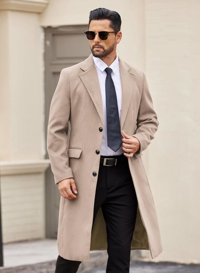COOFANDY Mens Trench Coat Long Casual Single Brested Overcoat Winter Notched Collar Wool Blend Pea coat With Pockets, Khaki, L - Image 4