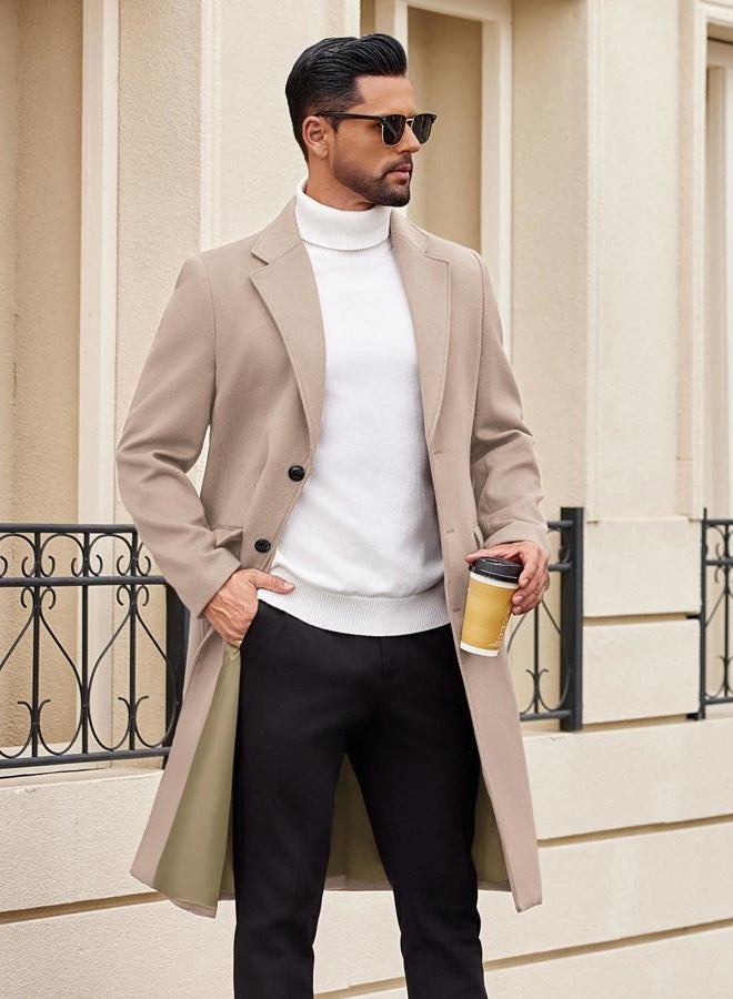 COOFANDY Mens Trench Coat Long Casual Single Brested Overcoat Winter Notched Collar Wool Blend Pea coat With Pockets, Khaki, L - Image 2